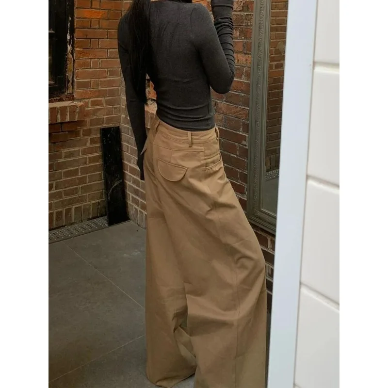 Jeans Tepi Pisau Retro Amerika Celana Panjang Lantai Kasual Lurus Kaki Lebar Longgar Musim Panas Wanita Desain Pelangsing Nyaman Wanita