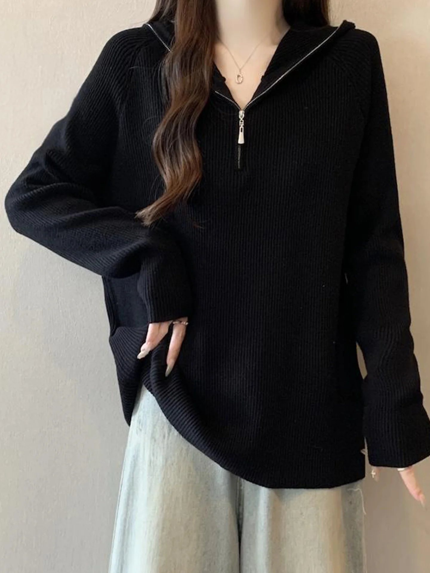 

Women's Knitted Long Sve Hoodie Casual Inner Wear Base irt Top f Zipper plus Size Faion Autumn Winter Slimming