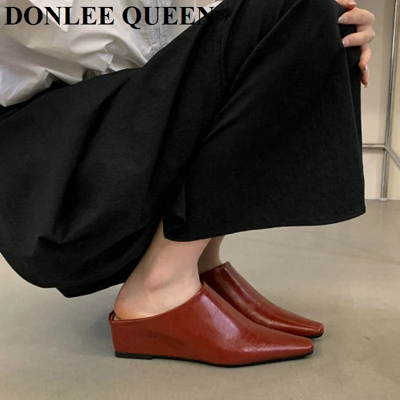Women Fashion Close Toe Mule Slippers Female Square Toe Casual Shoes Lazy Wedges Heels Sandals Slides Comfort Vintage Footwear - view 4