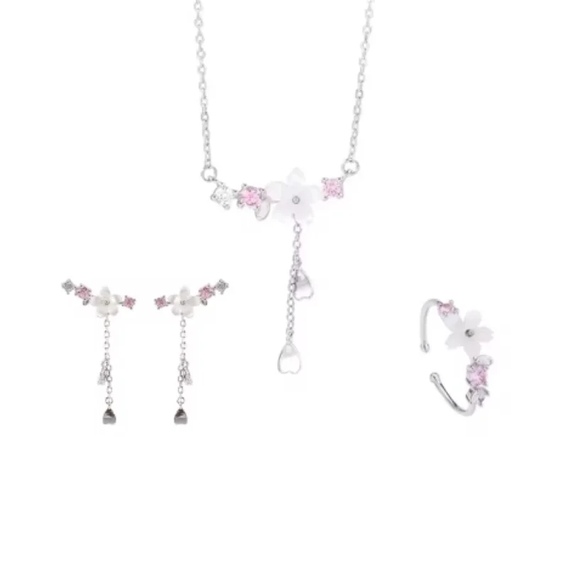 Women's Silver Color Pink Flower Shell Zircon Jewelry Set