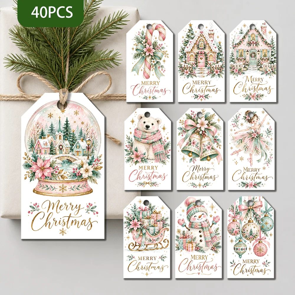 40pcs, Gift Tags, Macaron Pink Watercolor Christmas, Hanging Paper Labels for Gift Wrapping, Holiday Party Decor with String