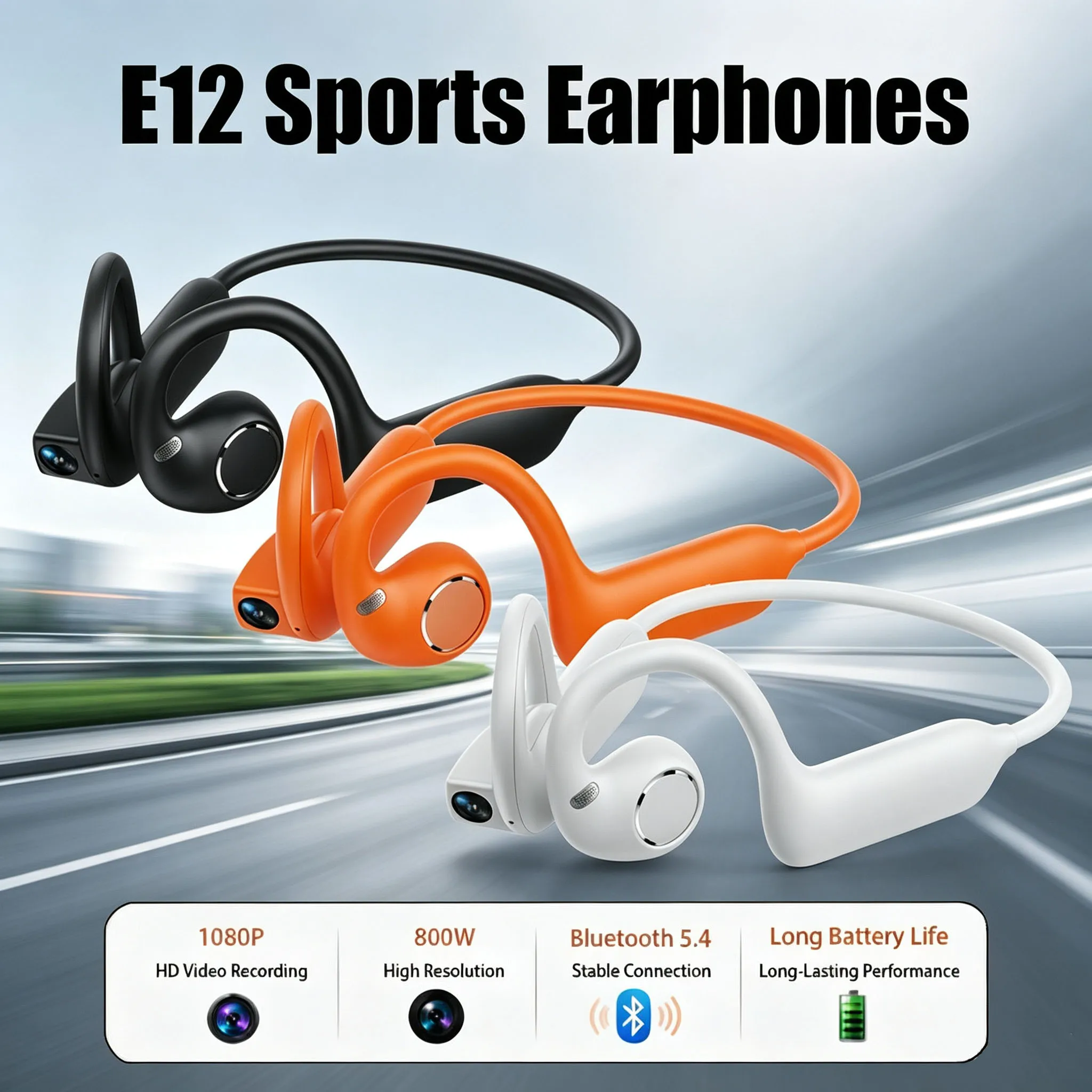 E12 Wireless Open‑Ear Sports Headphones 8MP HD Camera AI Translator Video Rec Bone Conduction IPX4 Waterproof Bluetooth Headset