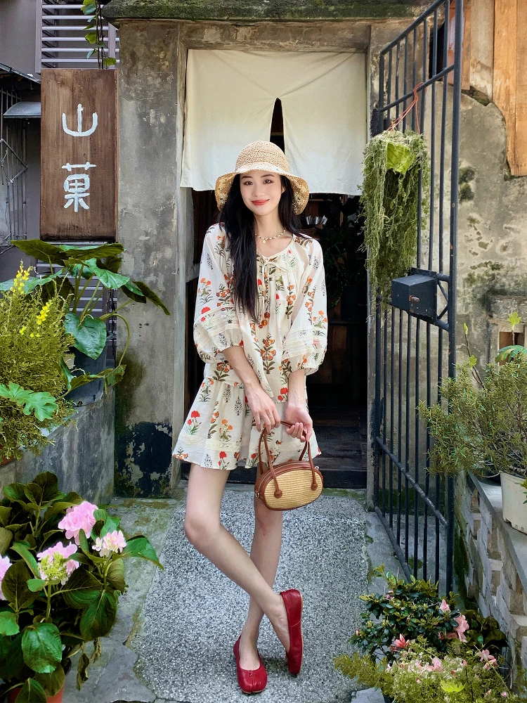 

LAZYZ Summer 2025 Women's Faion Set Silk Linen Blend Printed Belted irt f Skirt Two-Piece ort Sve round Ne Ense...