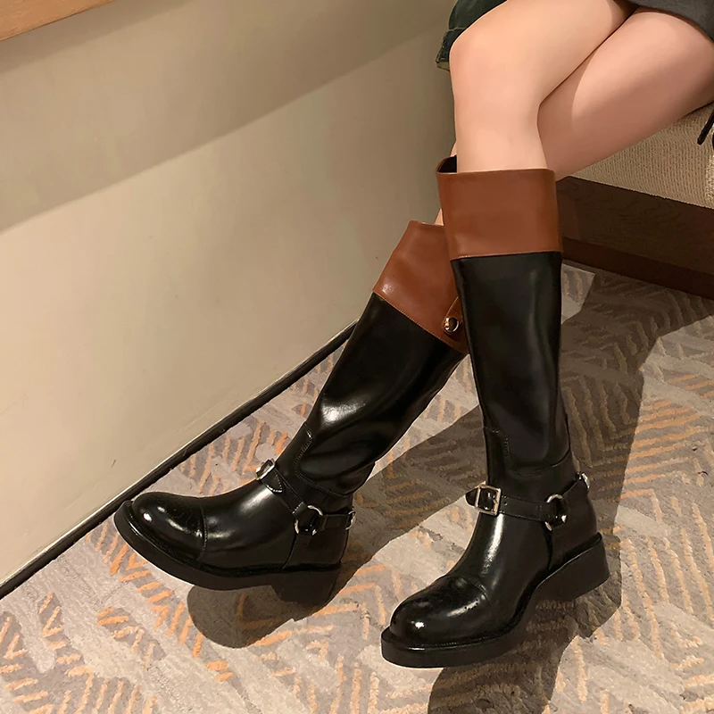 JOZHAMTA Size 34-40 Women Knee Boots Genuine Leather Ins Fashion Thick Heels Shoes Winter 2025 Wide Calf Long Boots Daily Dress