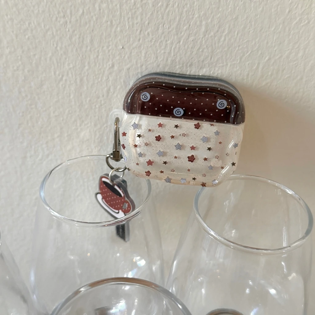 Vintage Brown Polka Dot Stars Splicing Wavy Edge With Pendant Shock Proof Earphone Cover Case for AirPods 1 or 2 3 4 5 Pro 2 3