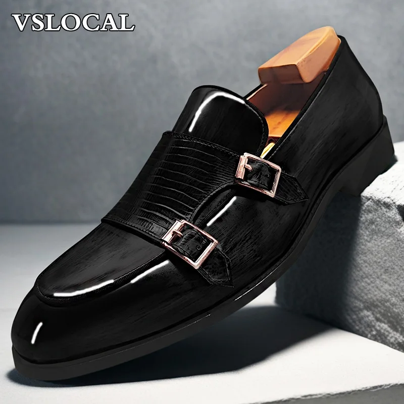 

Luxury Mens Casual Dress Shoes Slip On Brown Black Buckle Strap Men Shoes Wedding Party Patent Leather Loafers For Men