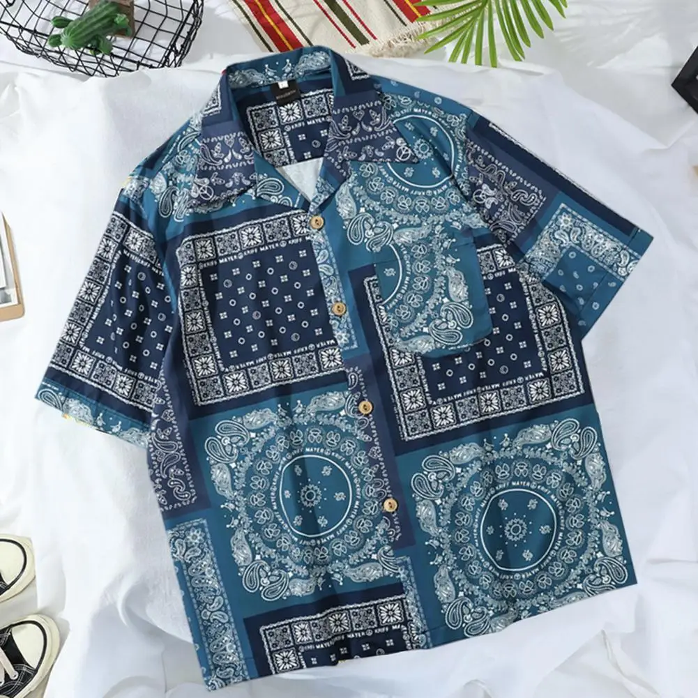 Harajuku Men Shirt Turn-down Collar Vintage Cashew Print Loose Type Bandana Shirt  Paisley Shirts Summer Short Sleeve Men Blouse