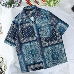 Camicia da uomo Harajuku colletto rovesciato stampa anacardi Vintage tipo largo camicia a Bandana camicetta da uomo a maniche corte estiva