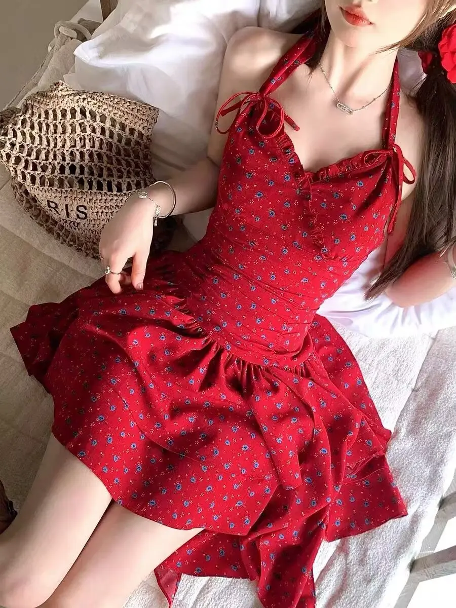 

Sweet Party Dresses Slim Y2k Halter Hot Girl Sexy Goth Dress Punk Short Skirt Backless 2000s Harajuku Korea Vintage Grunge Fairy
