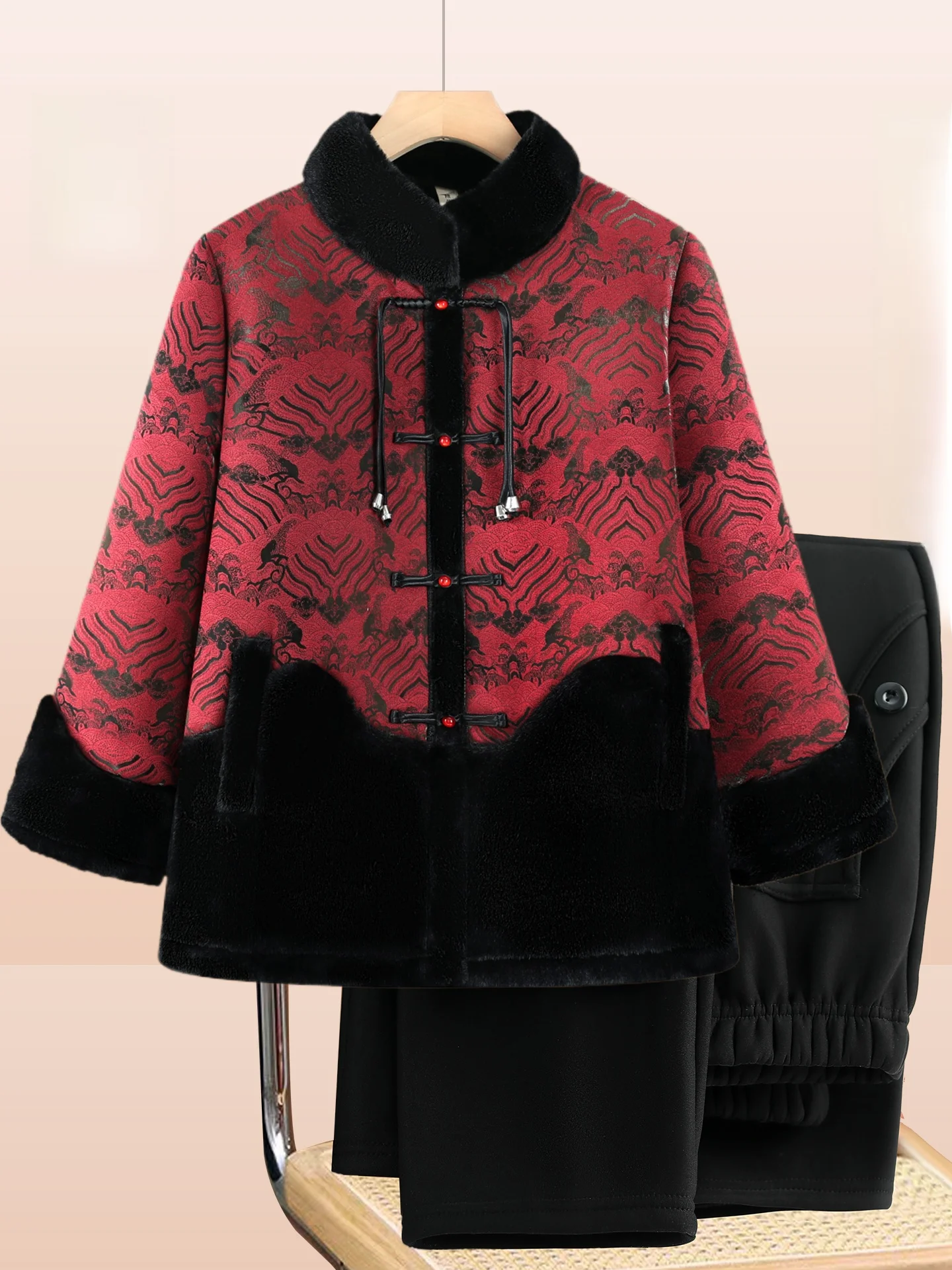 

andma's Winter Thiened Faux Fur Jaet Women's Coat Traditional Chinese Sle Long Pants Casual Loose Fit Warmth