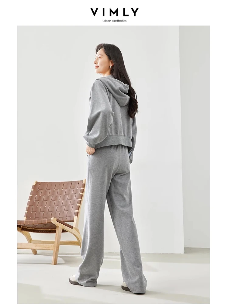 Vimly Grijze 2 Delige Sets Vrouwen Outfit 2024 Lente Damespak Casual Sport Matching Sets Cropped Capuchon Sweatpant M5399