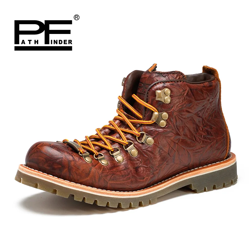 pf Fashion Men's Genuine Leather Engineer Boots Work Shoes Outdoor Goodyear-weld Women Mid-calf Western Cowboy Boots Non-slip
