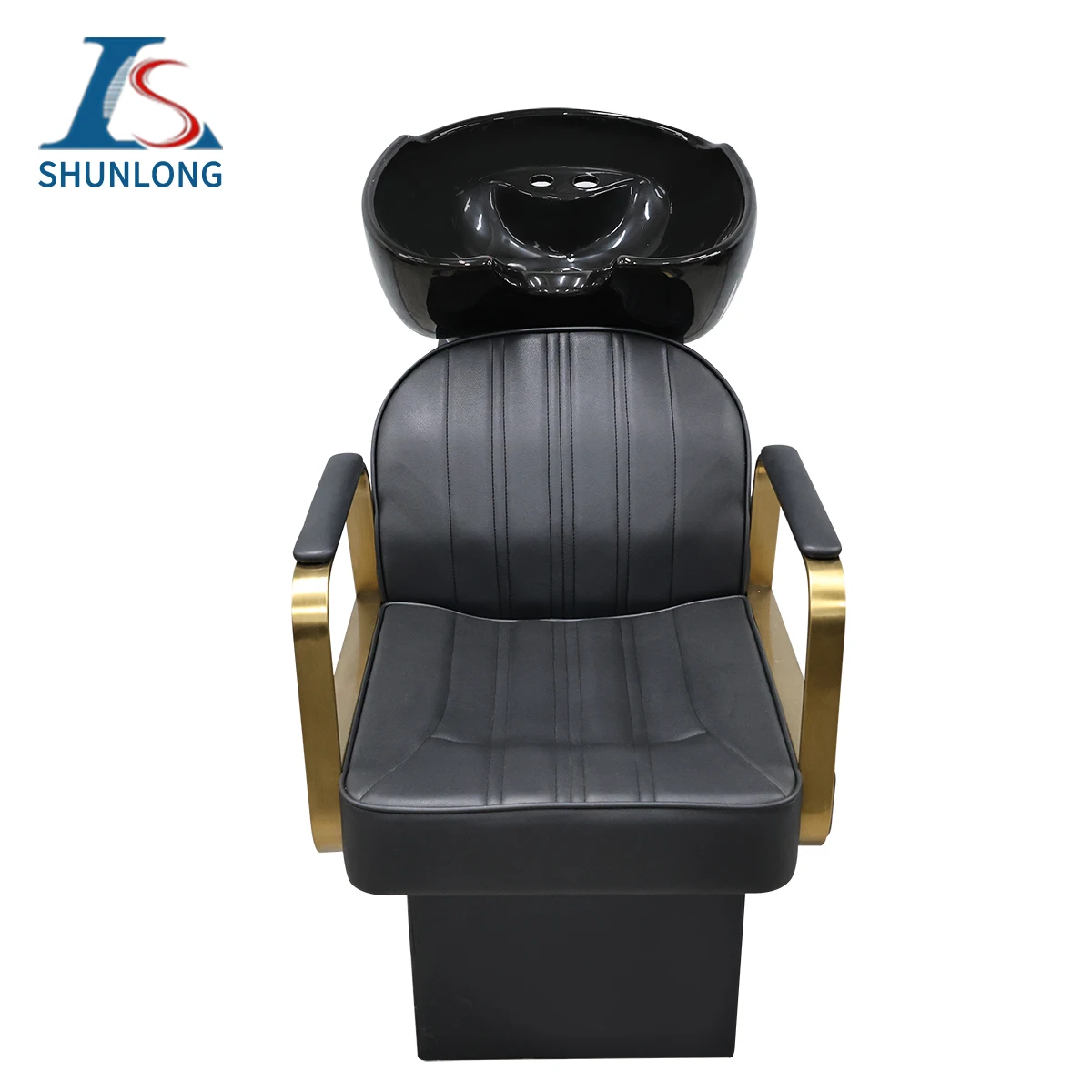 Black and Gold Shampoo Chair with Ceramic Basin, Salon Hair Washing Station for Barber Shop