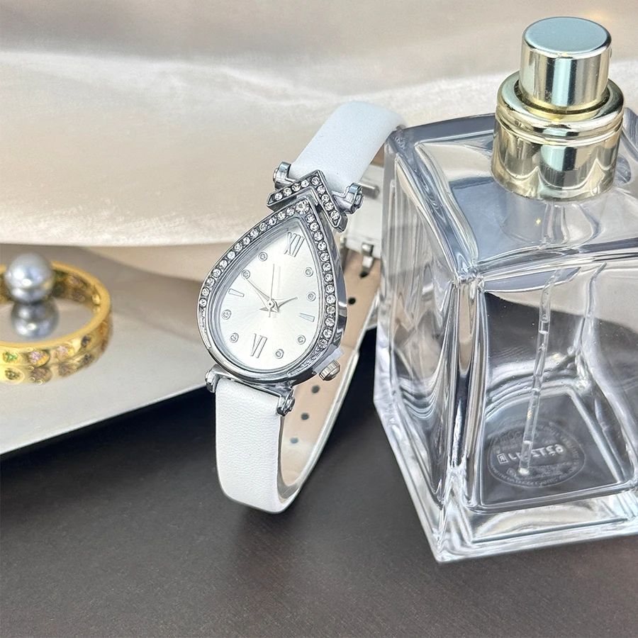 السيدات Waterdrop على شكل سبيكة ووتش حالة ملونة معكرون الحلو نمط بو حزام المألوف كوارتز ساعة أنيقة الماس البطانة #3