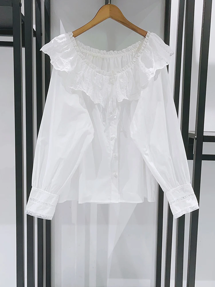 

Белая женская блузка с кружевной отделкой, круглым вырезом, на одно плечо, из хлопка, свободного кроя, с длинным рукавом, дышащая, приятная к телу, осенняя мода