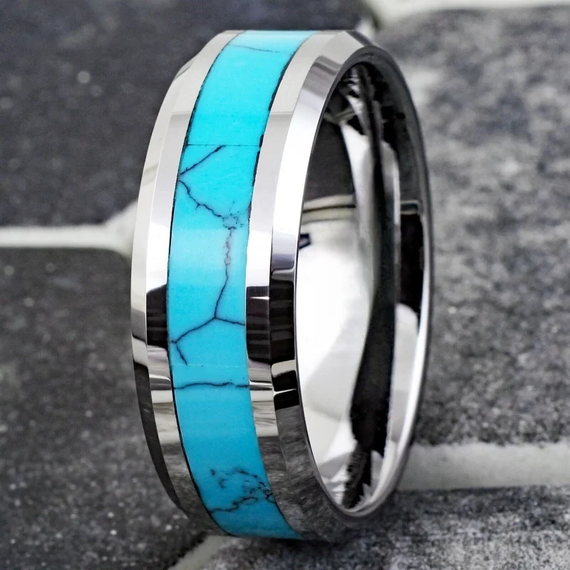 Personalized Engraved Tungsten Carbide Men's Turquoise Wedding Band Ring