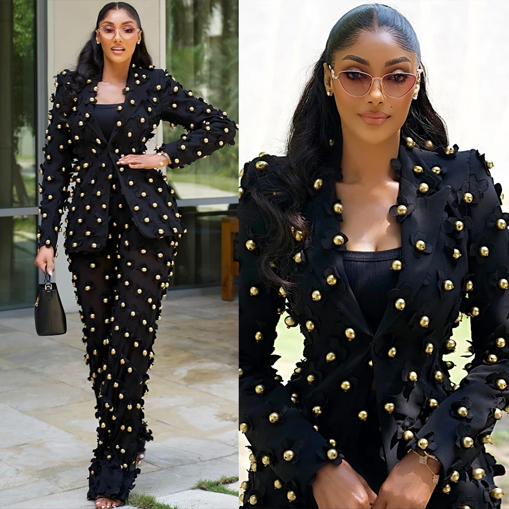 2 Pieces Slim Fit Women Pants Suits Full Metal Button Long Sleeve Customized Formal Lady Wear Guest Party Blazer Sets