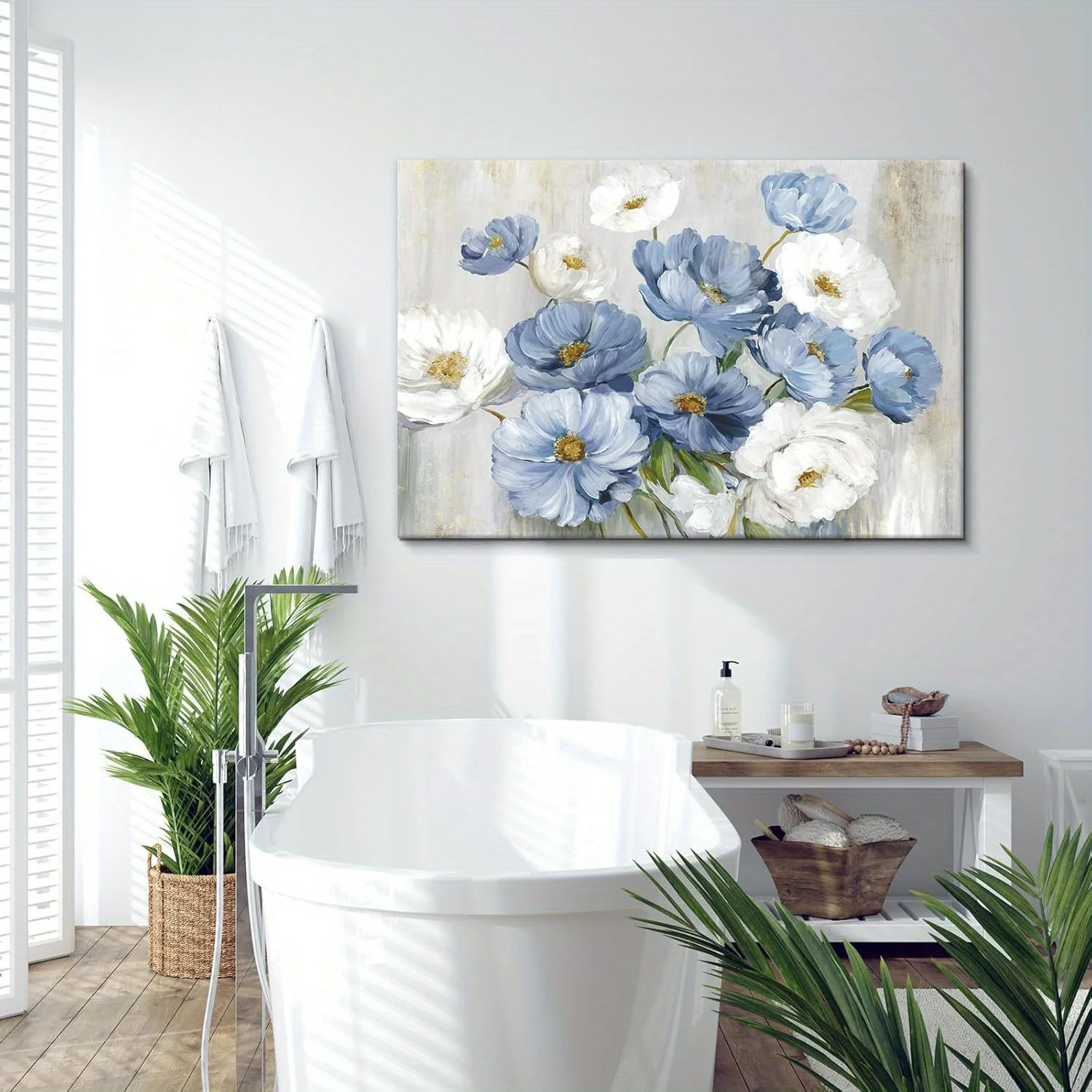 1PC Blue Flower Picture Wall Decor White Flower Wall Art for Living Room Canvas Framed Artwork Paintings Home Decoration