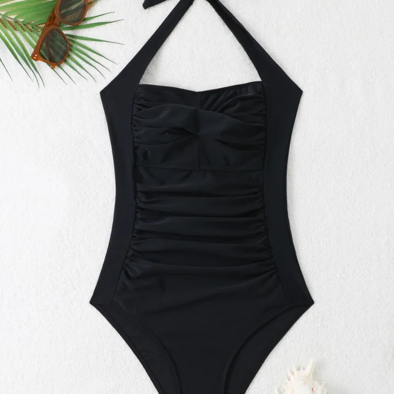Black One Piece Swimsuit Woman Pleated Vintage Bodysuit Swimwear Padded Beach Wear 2025 Bathing Suits Ladies Holiday Pool Summer
