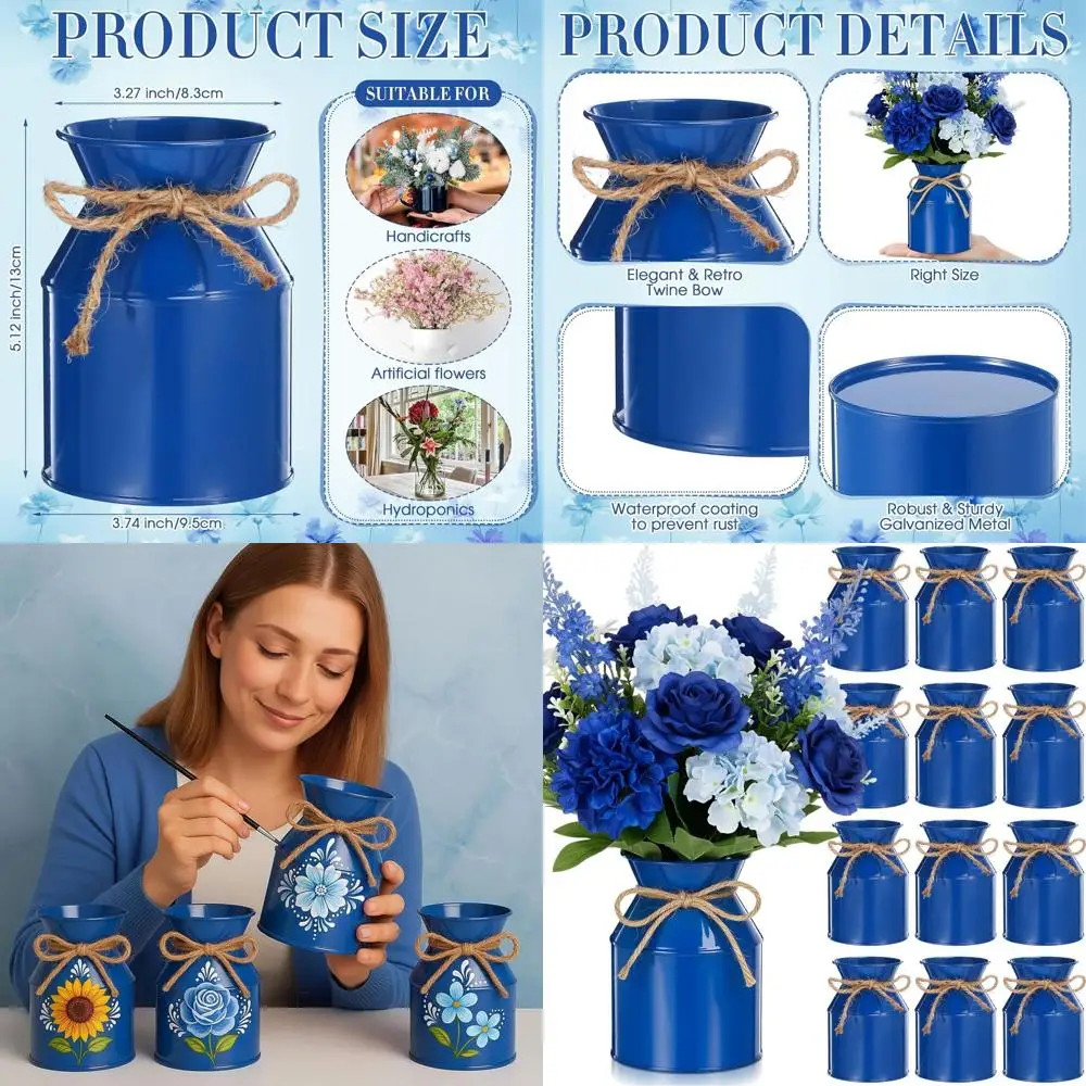 

Set of 12 5.12 Navy Blue Farmhouse Style Metal Flower Vases with Twine Bows for Rustic Decor and Wedding Centerpieces