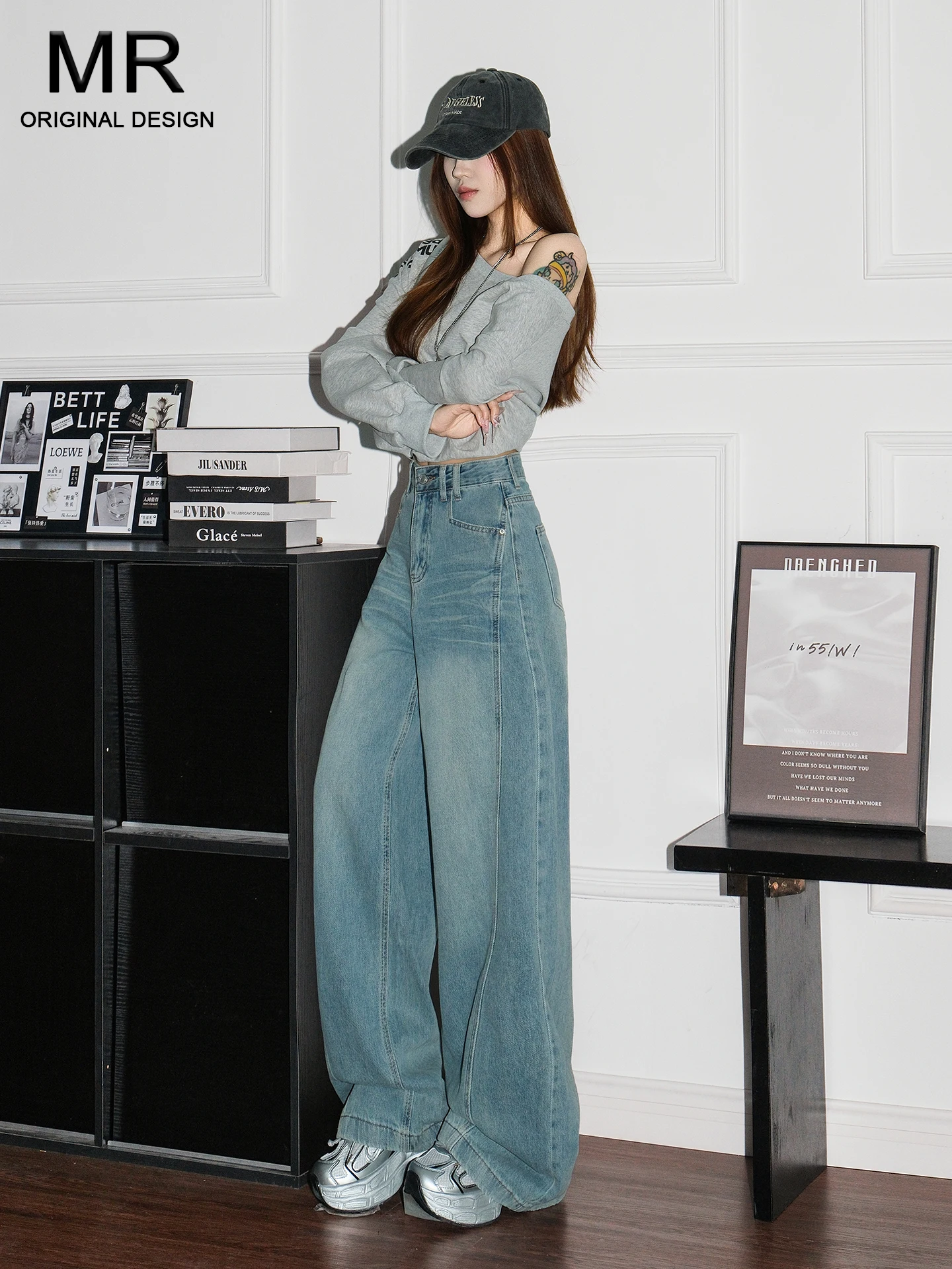 

Светло-голубые женские джинсы в американском ретро-стиле, широкие, свободные, прямого кроя, с высокой талией, повседневные, из денима, весна-лето