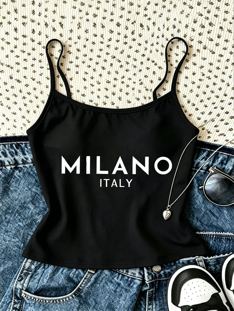 Y2k Fashion Milano Italy Letter Print Camisole Top Women Casual Crop Top Vest Spring Summer 90s Chic Women'S Tank Top