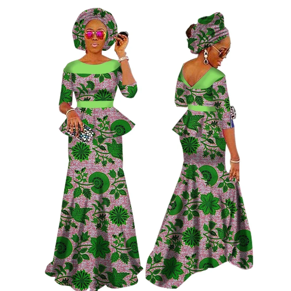 African Clothes for Women Skirt Set Fashion Robe Africaine Dashiki Party Wedding Dress 2 Pieces Set with African Headwrap WY1630