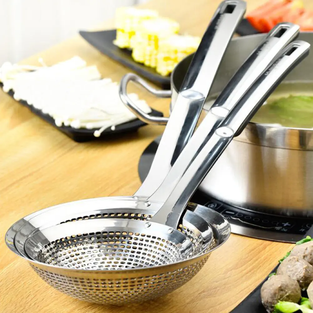 Stainless Steel Colander Scoop Medium Size High Density Hole Slotted Spoon Heat Resistant Handle Hot Pot Colander Food Serving