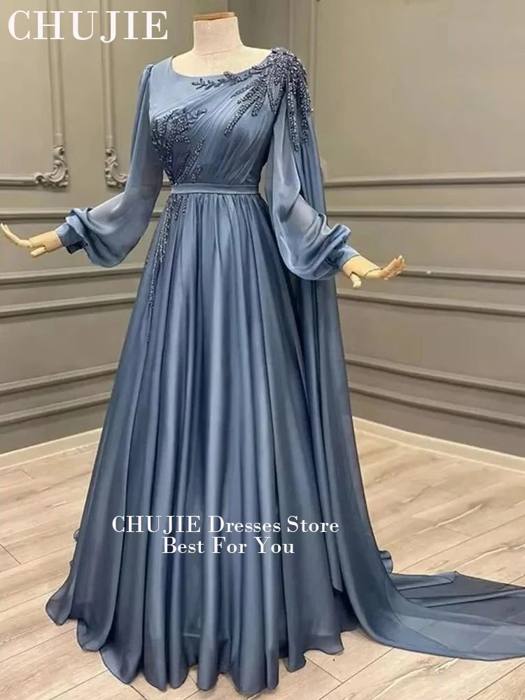 فستان سهرة إسلامي مطرز باللون الأزرق المغبر برقبة دائرية فساتين لحضور الحفلات الموسيقية شيفون بأكمام طويلة على شكل حرف a ثنيات فستان زفاف الضيوف حسب الطلب #2