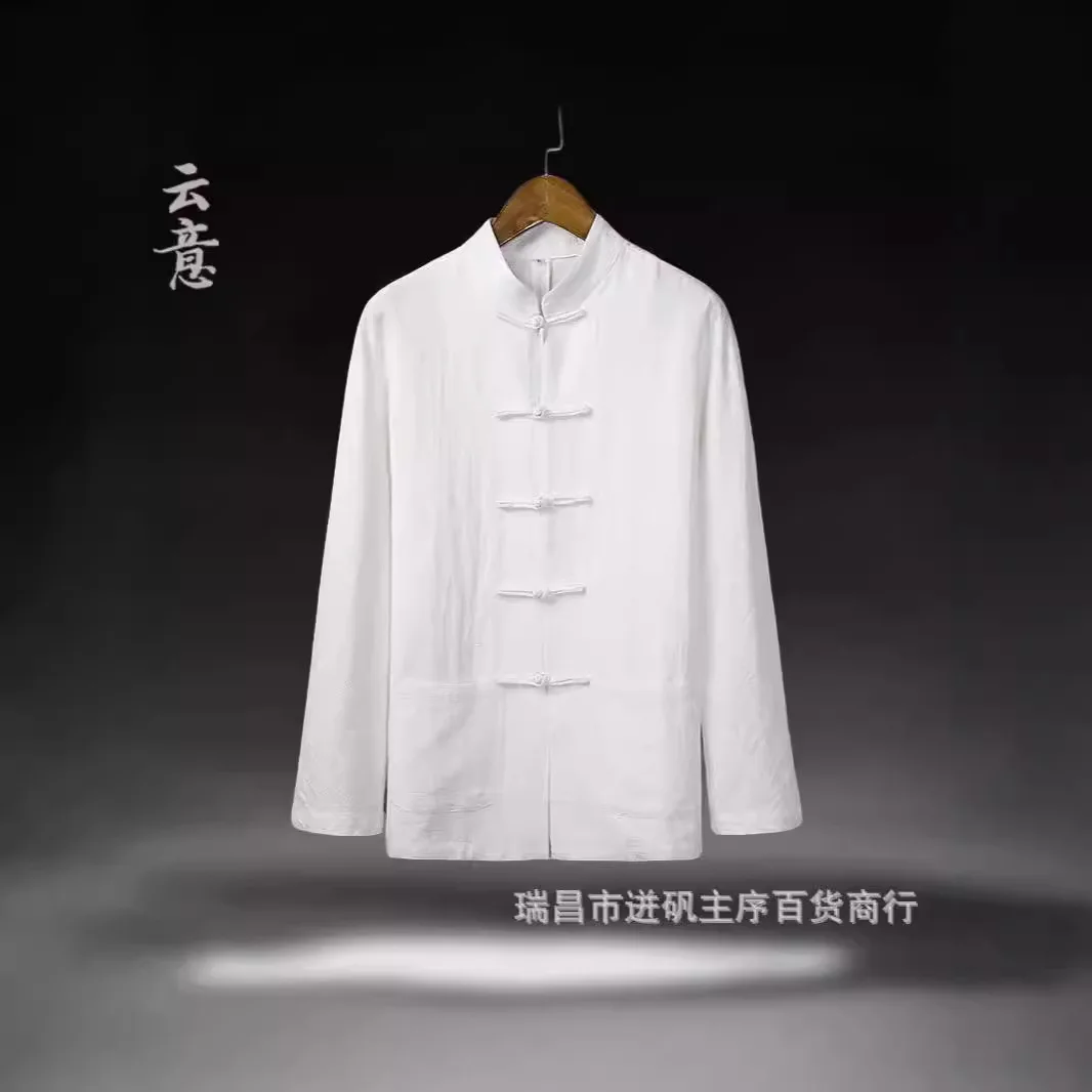 Men's Linen Shirt Casual Style Hanfu Chinese Traditional Tea Culture Long Sleeve Button-Up Top For Foreign Trade