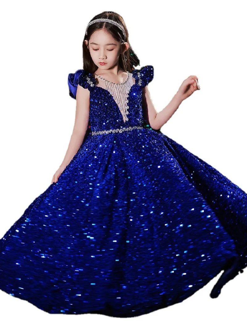 Princess Long Dress Girls Sequin Evening Weddings Prom Party Elegant Deep V Neck Clothes Children Baptism Gown Show Mesh Dress