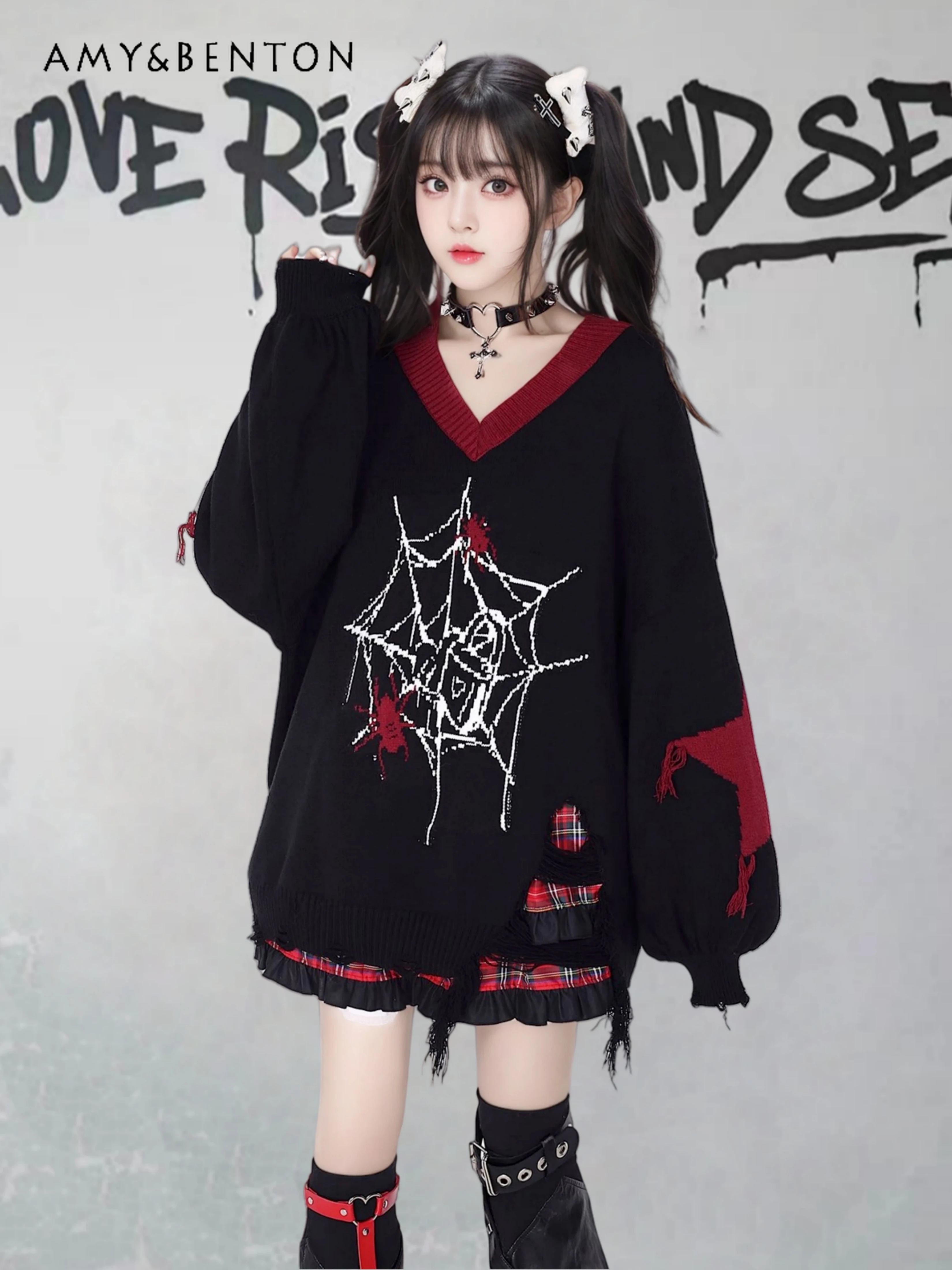 2025 الخريف الشتاء جديد ثقافة فرعية Y2K الساخن فتاة الخامس الرقبة الأحمر محبوك سترة المرأة فضفاضة عادية أسود وردي سترة