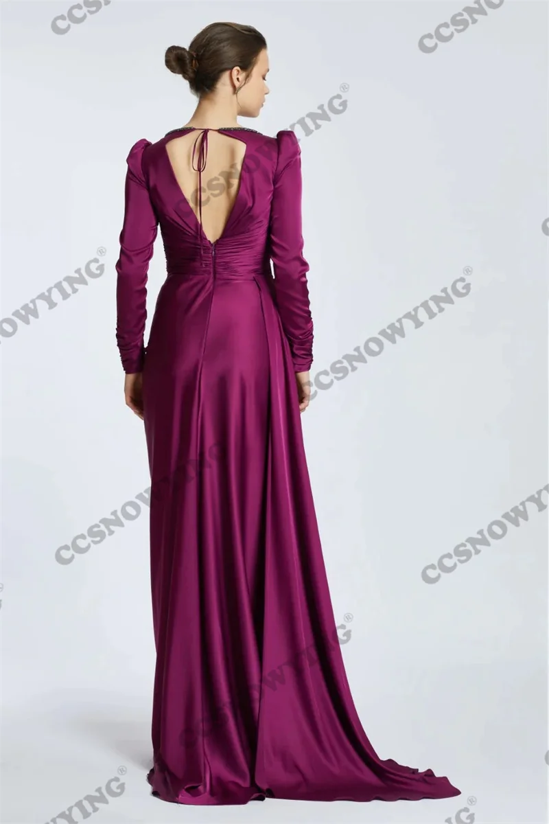 Elegant Satin Long Sleeve Prom Dresses High Slit Side Formal Evening Party Gown Women Robe De Soiree