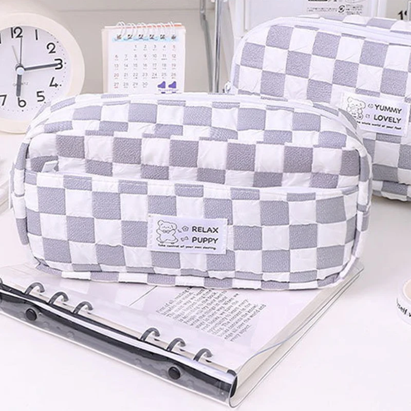 Large Capacity Checked Pattern Pencil Case Simple Multifunctional Pen Storage Bag Fashion Cute Pencil Box School Supplies