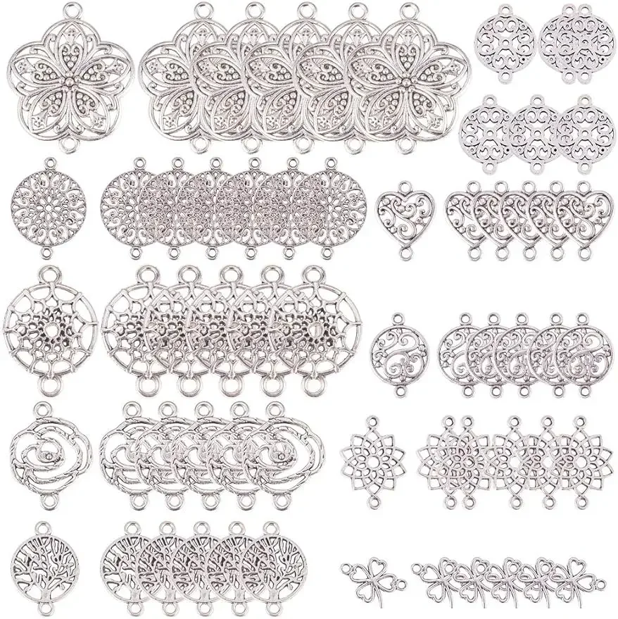 60pcs Assorted Connector Charms Flower Tree of Life Charms Dream Catcher Antique Silver Chakra Heart Linking Connectors Charm