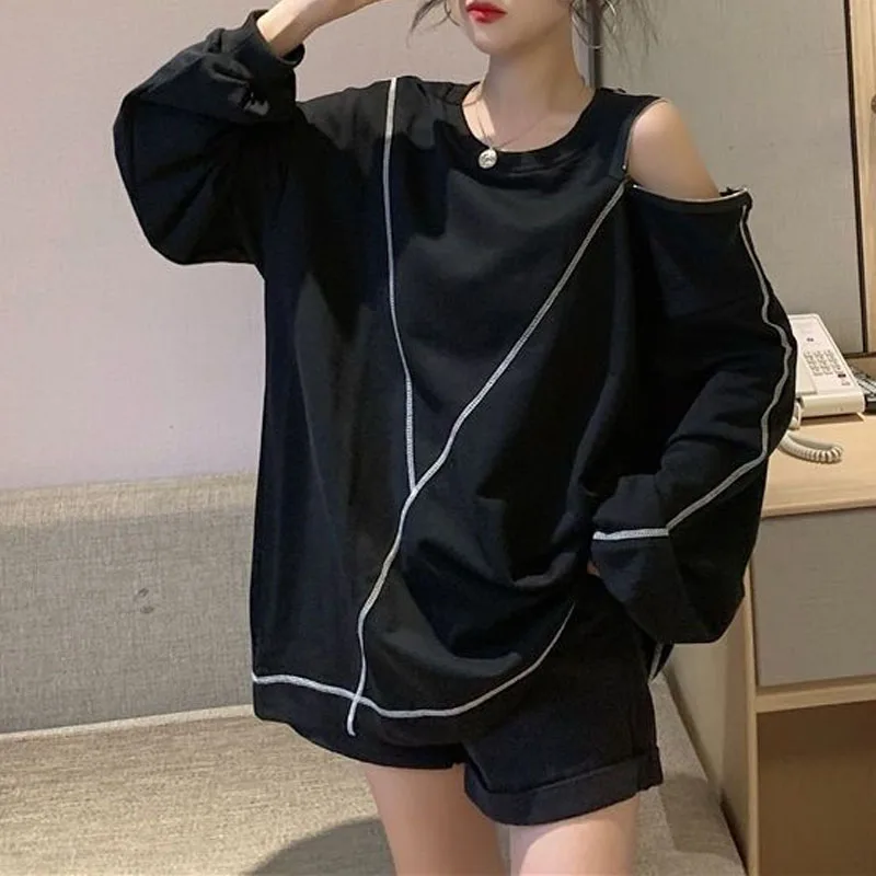 New Autumn Fashion Trend Off Shoulder Sleeves Zipper Round Neck Loose Versatile Western Style Slim Student Long Sleeve Sweater