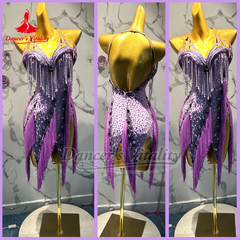 

Взрослые чача Джит Фиолетовые AB Stones Платья для выступлений Танцовщица Vitality Женская одежда для латинских соревнований Профессиональная одежда на заказ