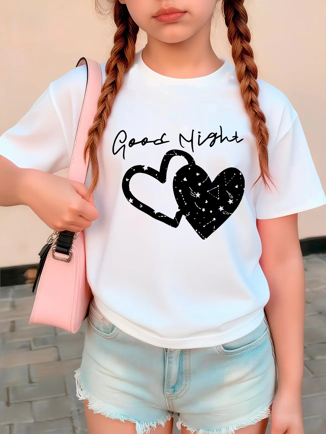 T-shirt à manches courtes pour enfants, garçons et filles, avec motif cœur 'Good Night with Love', vêtements décontractés pour l'été et le printemps, vêtements de vacances pour enfants
