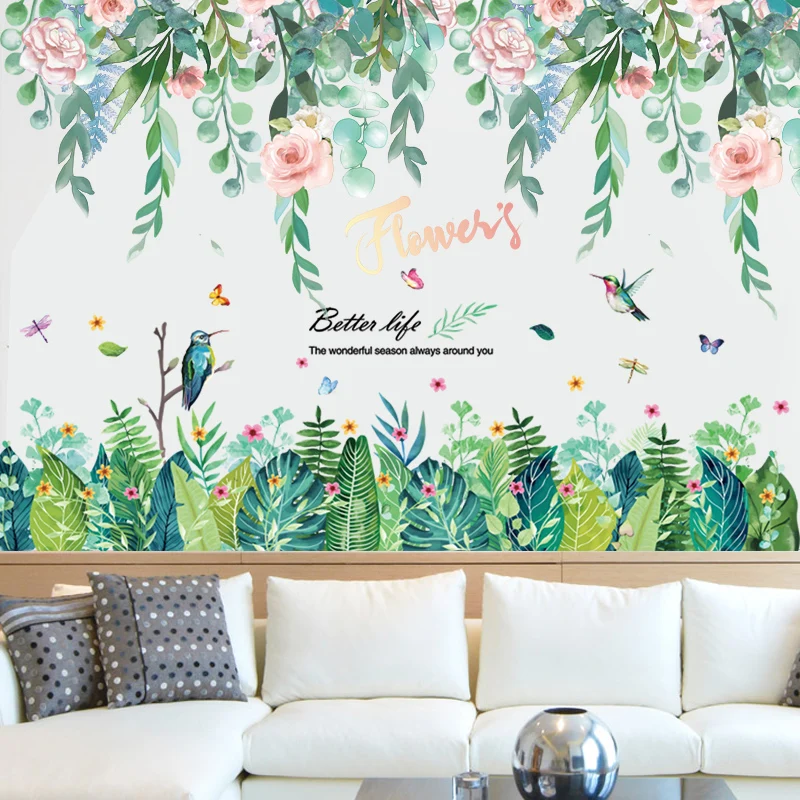 

[shijuekongjian] Flower Plants Wall Stickers DIY Grass Leaves Wall Decals for House Living Room Bedroom Nursery Decoration