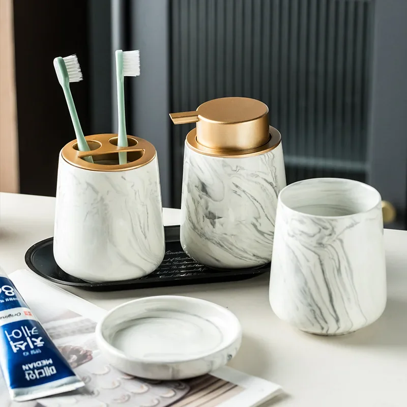 Ceramic Marble Bathroom 4-piece Set Toiletries Set Mouthwash Cup Toothbrush Cup Kits Soap Dish Bathroom Decoration Accessories