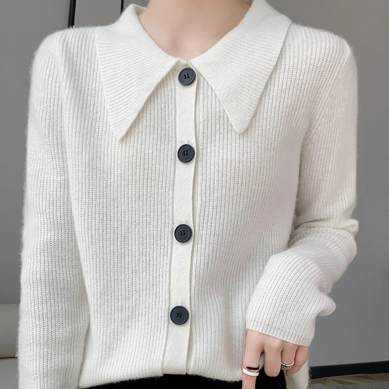 

100% Wool Knitted Cardigan Preppy Cute Button Up Round collar Long Sleeve Coat Autumn Y2K Aesthetics Retro Sweater