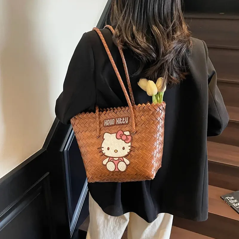 

Sanrio пляжная тканая сумка для женщин и девочек Hello Kitty Kawaii портативная сумка на плечо большая вместительная сумка в стиле отпуска сумка