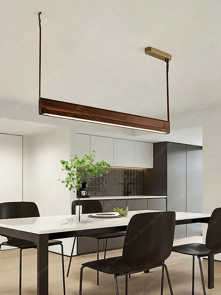 Solid Wood Linear LED Pendant Light 59W Dimmable Natural Wood Color Modern Leather Hanging Lamp for Dining Room Kitchen Island