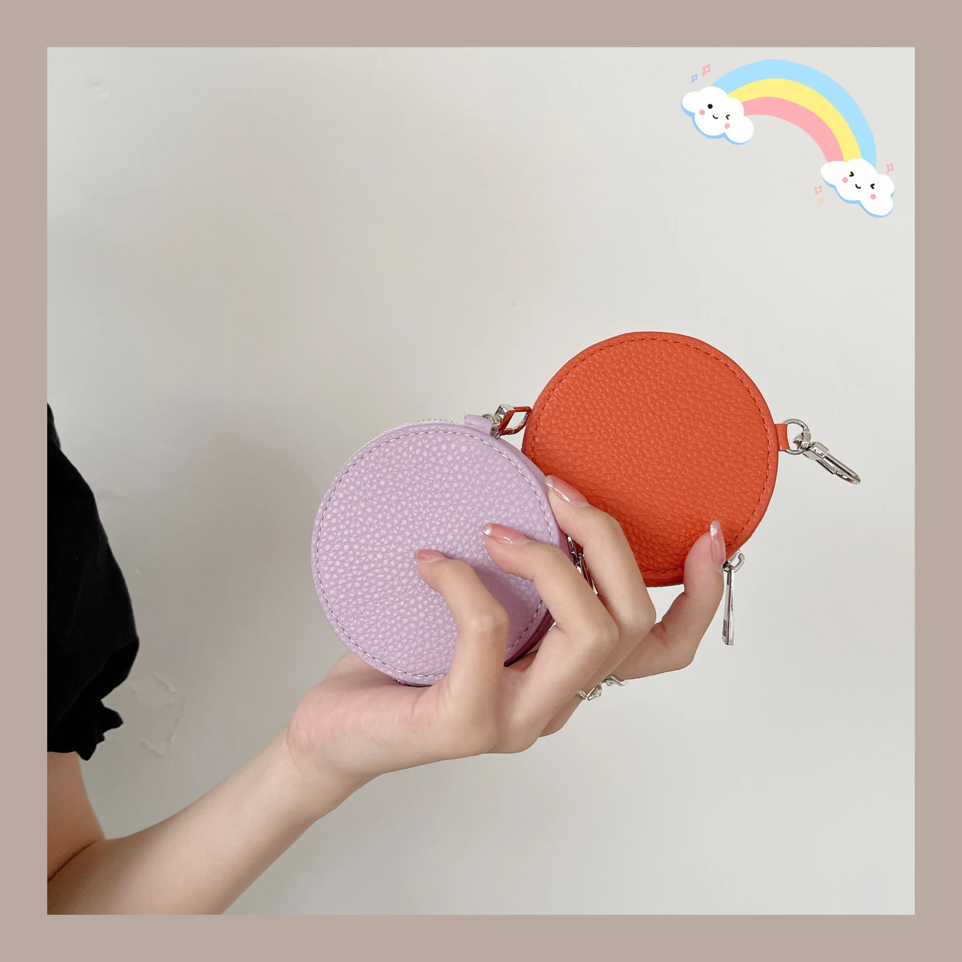 

Zipper Short Round Coin Purse Earphone Bag PU Leather Fashion Bag Pendant Keychain Round Wallet Card Storage Bags