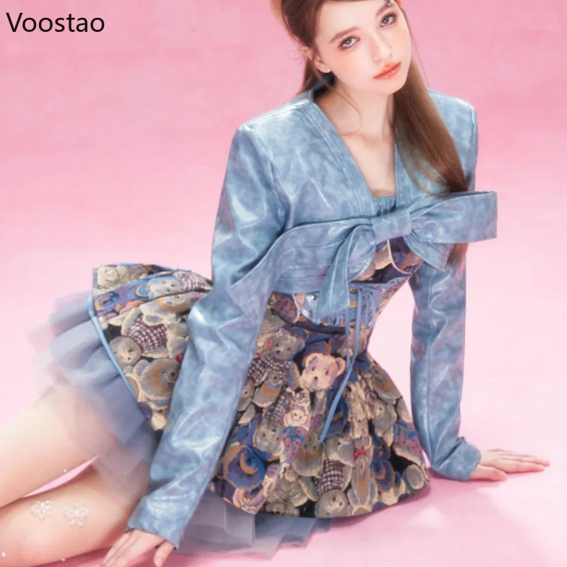 Y2k Princess Sweet Lolita Dress Set Women Vintage Chic Bow Blue Coat Cartoon Bear Print Slim Dress Female Casual Elegant Suit