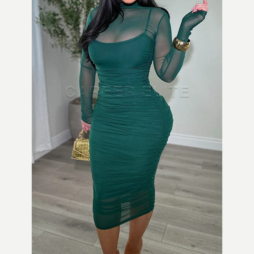 Vestidos ajustados de manga larga para mujer, vestido informal elegante plisado, Sexy, Micro transparente, tela transparente, monos de moda, faldas