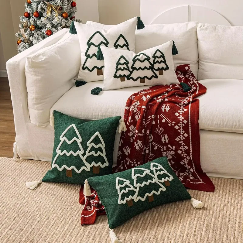 Christmas Tree Embroidery Cushion Cover Festive Cotton Canvas Pillow Case With Tassels New Year Home Decor