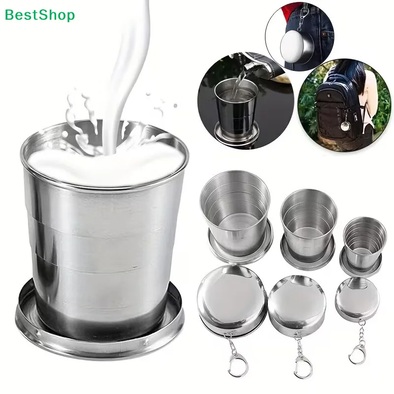 ♥Collapsible Stainless Steel Shot Glass - Foldable Pocket Cup with Keychain, Portable Drinking Cup for Travel/Outdoor