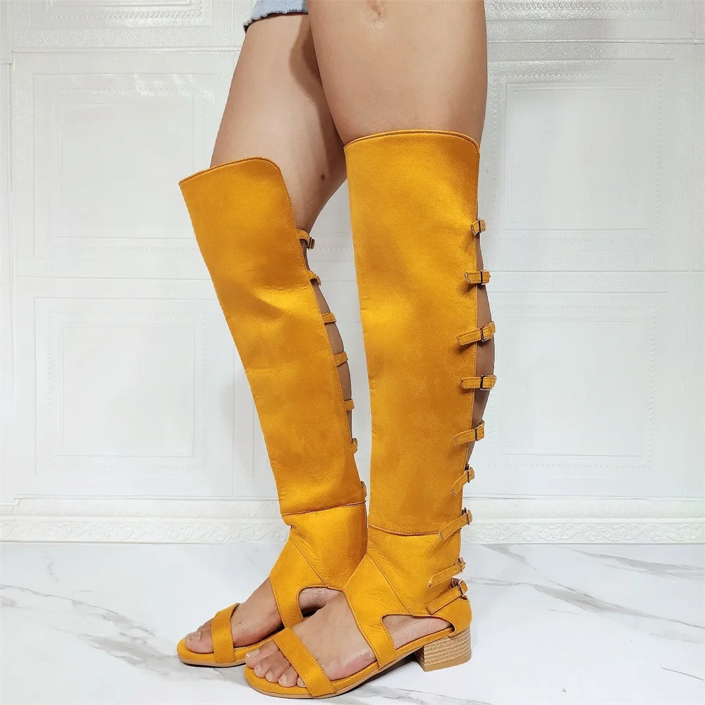 Luxury Flat Gladiator Sandals Woman Open Toe Suede Leather Low Heels Shoes Lady Hollow Knee High Boots Summer