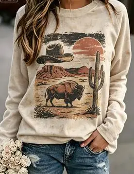 Women's Western Desert Print Sweatshirt Cream Bleached Cowboy Cactus Long Sleeve Crew Neck Top